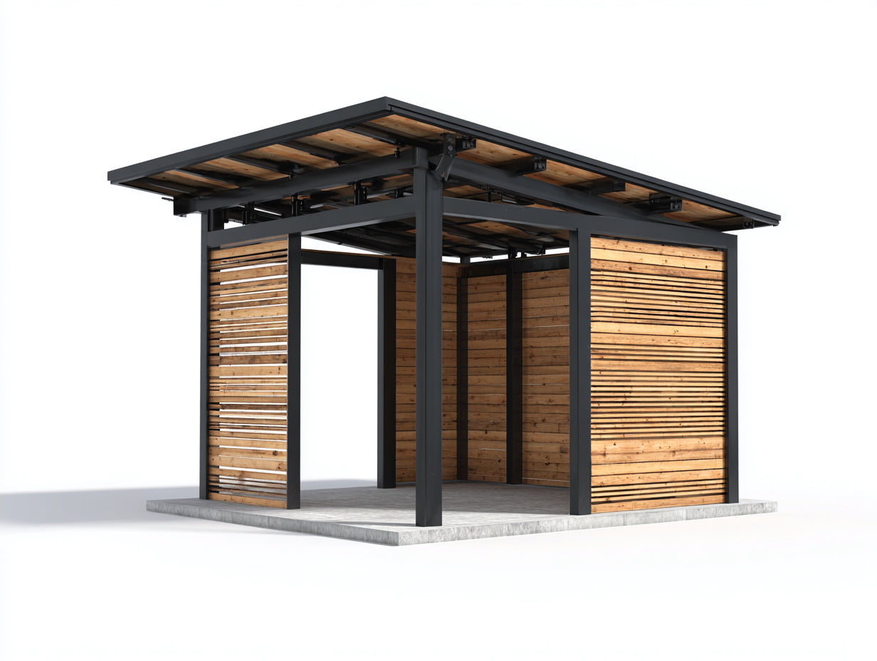 Gartenhäuser in offener Bauweise - Holzlamellen und Metallrahmen - 300 x 260 x 245 cm - Natur und Anthrazit - Überdachter Gartenunterstand mit Flachdach