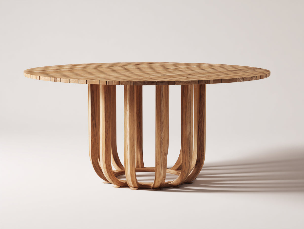 Gartentisch rund - Holz mit geschwungenem Lamellenfuß - 140 x 140 x 76 cm - Natur - Skulpturaler Säulentisch für Terrasse und Garten