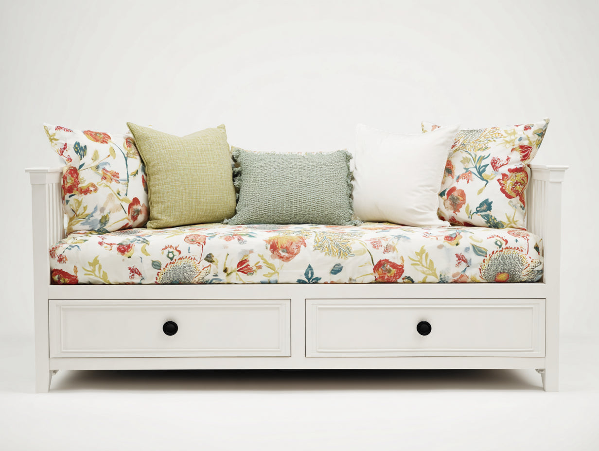 Schlafsofa aus Holz 210 x 100 x 90 cm - Weiß - Mit 2 Schubladen im klassischen Landhausstil
