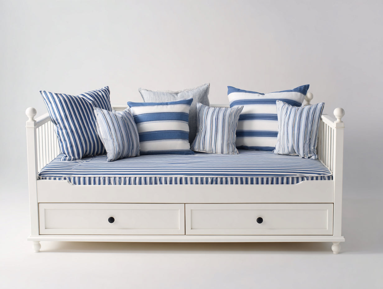 Schlafsofa mit 2 Schubladen und gepolsterter Liegefläche ca. 205 x 98 x 90 cm - Weiß-Blau - Holzrahmen - Klassisches Küstendesign