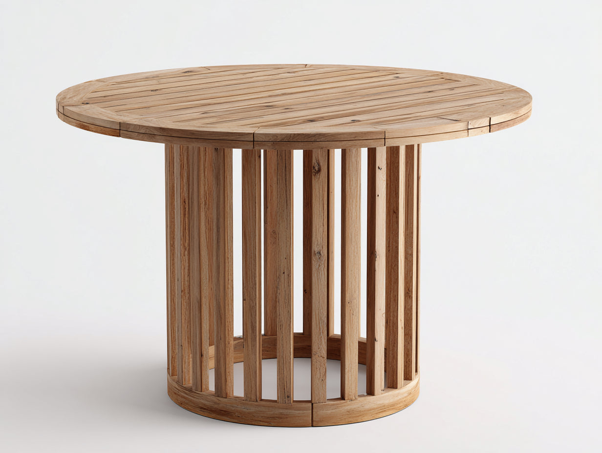 Gartentisch rund - Holz mit offenem Lamellenfuß - 125 x 125 x 75 cm - Natur - Säulentisch im rustikalen Design