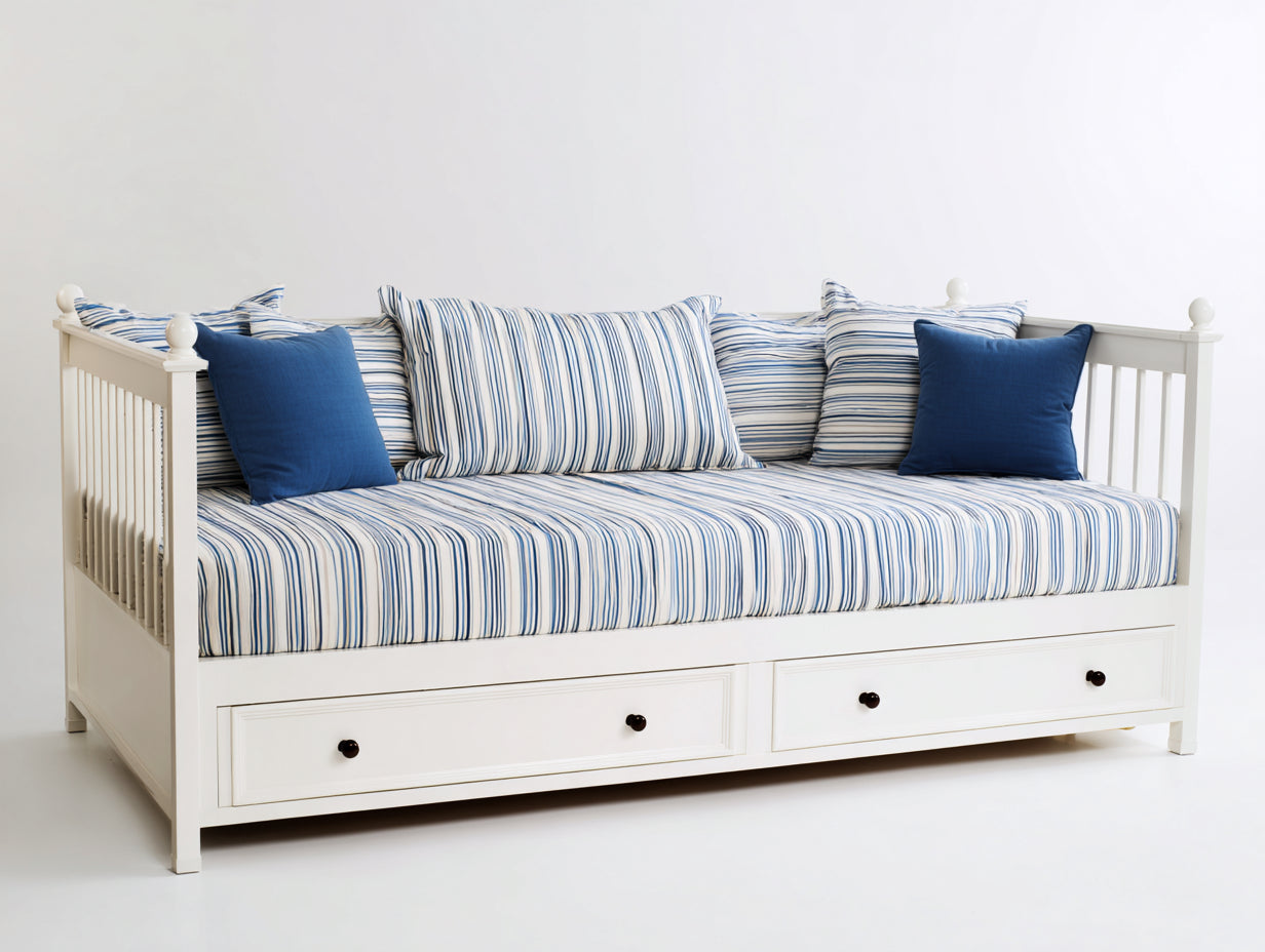 Schlafsofa mit 2 Stauraumschubladen - Holzrahmen und Stoffpolsterung - 208 x 96 x 87 cm - Weiß und Blau - Tagesbett im maritimen Landhausstil