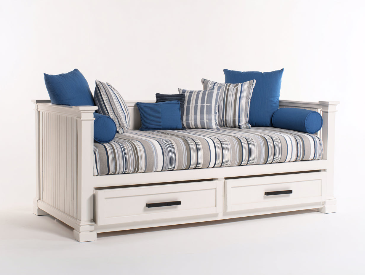 Schlafsofa mit 2 Stauraumschubladen - Holzrahmen und Stoffpolsterung - 205 x 95 x 85 cm - Weiß Blau und Grau - Tagesbett im Landhausstil